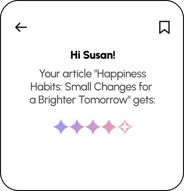 Email notification showing article 'Happiness Habits' with performance stars